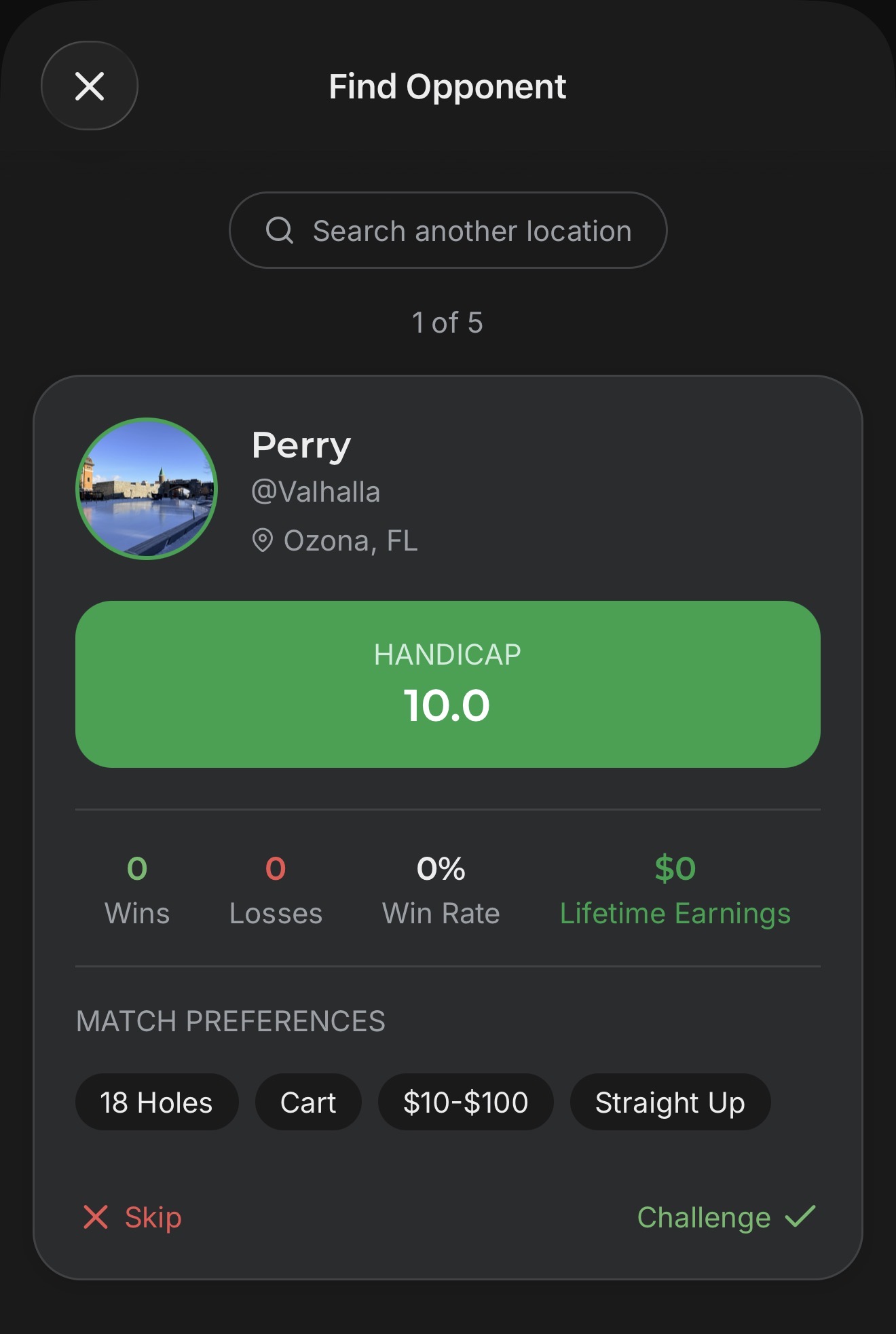 MatchBet Golf find opponent screen - browse golfer profiles and send challenges