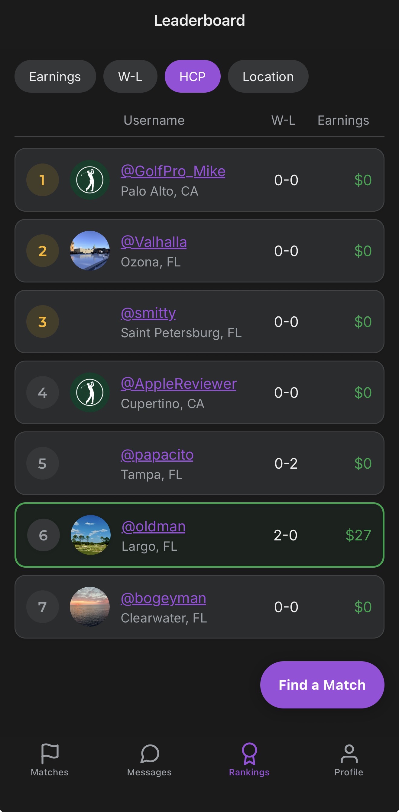 MatchBet Golf leaderboard showing top golfers by city and state