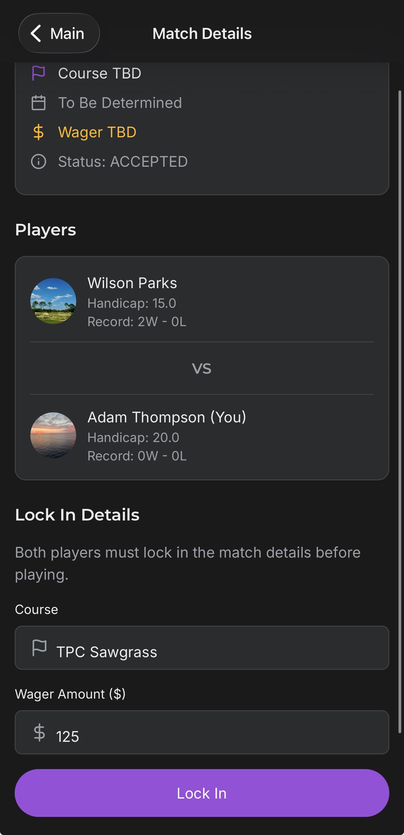 MatchBet Golf match details screen showing players, course, wager, and status
