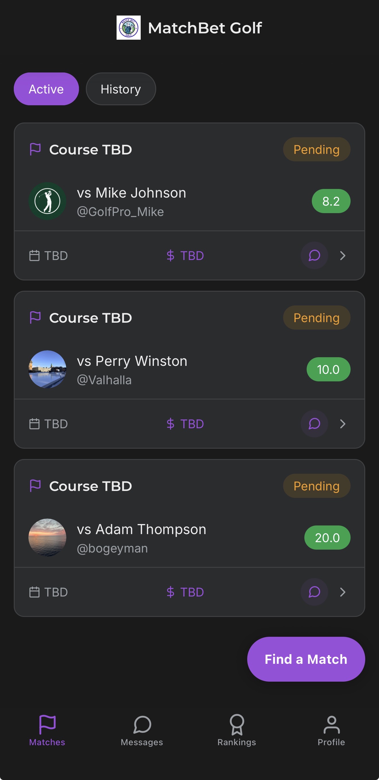 MatchBet Golf matches screen showing active golf money matches