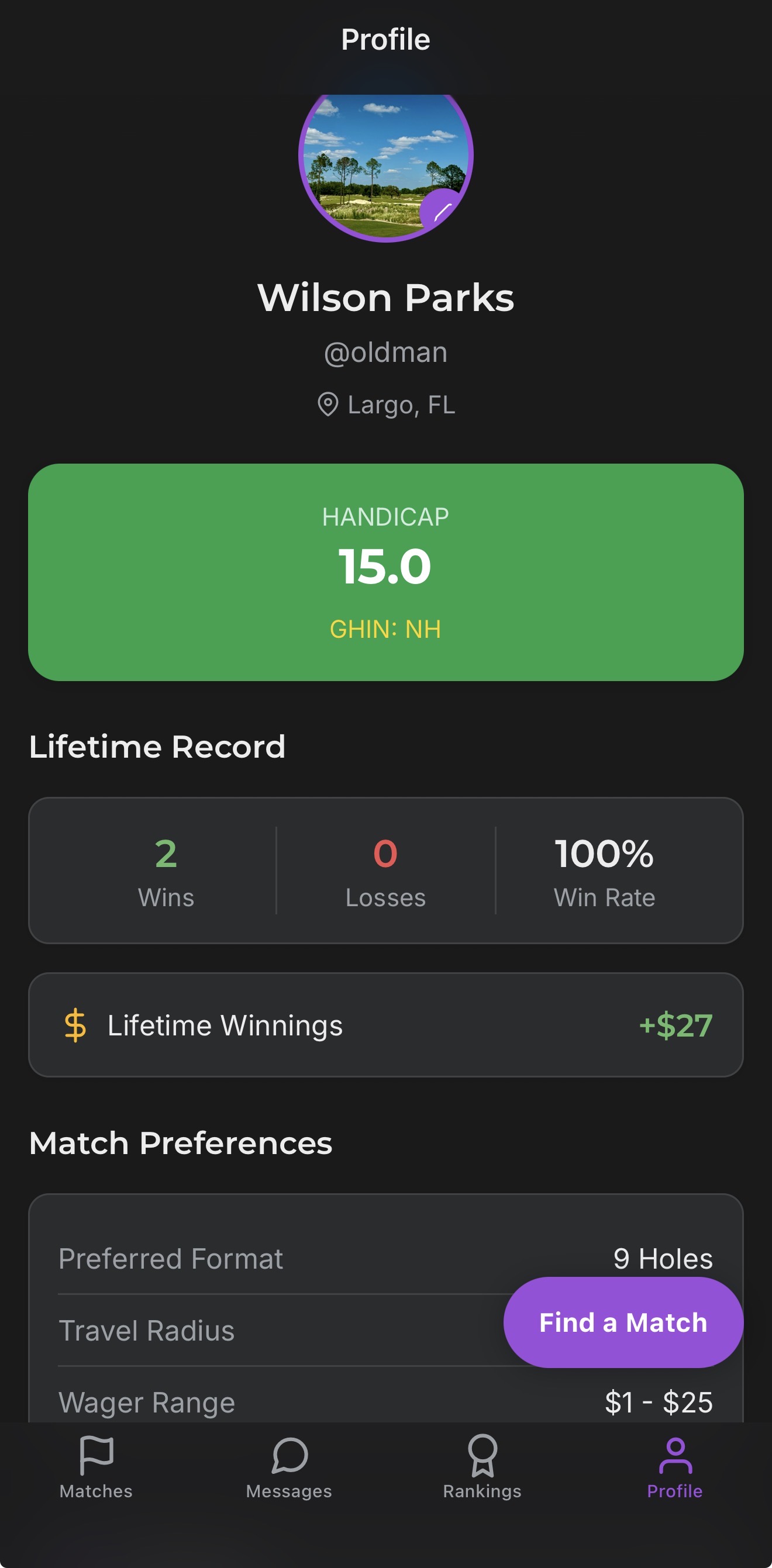MatchBet Golf player profile with handicap, win/loss record, and lifetime earnings