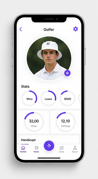 MatchBet Golf player profile with handicap, win/loss record, and lifetime earnings